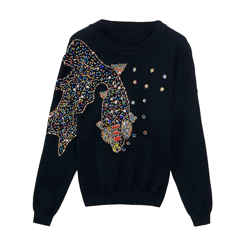 Autumn Female Brand Designer Fashionable High Street New Pullovers Round Neck Cable Knit Goldfish Bead Sweater