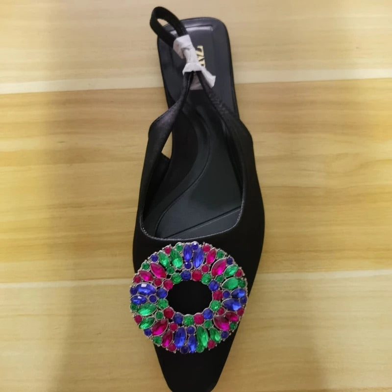 New Woman Gold Bling Flat Shoes Vintage Black Back Elastic Straps Single Shoes Fashion Slingbacks Female Single Shoes