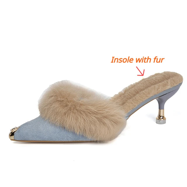 Women High Heel Shoes  Fur Slippers Mules Pointed Toe Furry Slides Fashion Elegant Luxury Designer Flip Flops Office Pumps