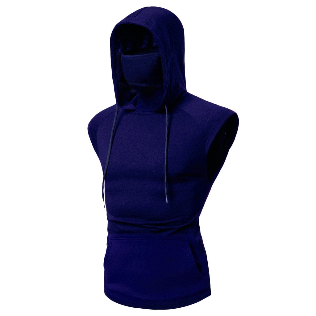 Mens Mask Button Sports Vest Hooded Splice Large Open-Forked Male Vest