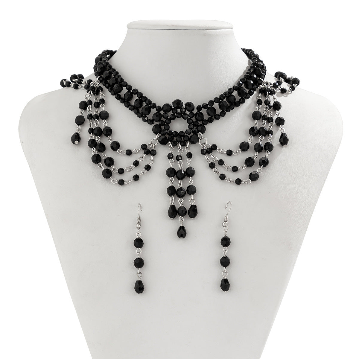 Gothic style beaded woven crystal choker set, female personality, dark tassel collar accessory