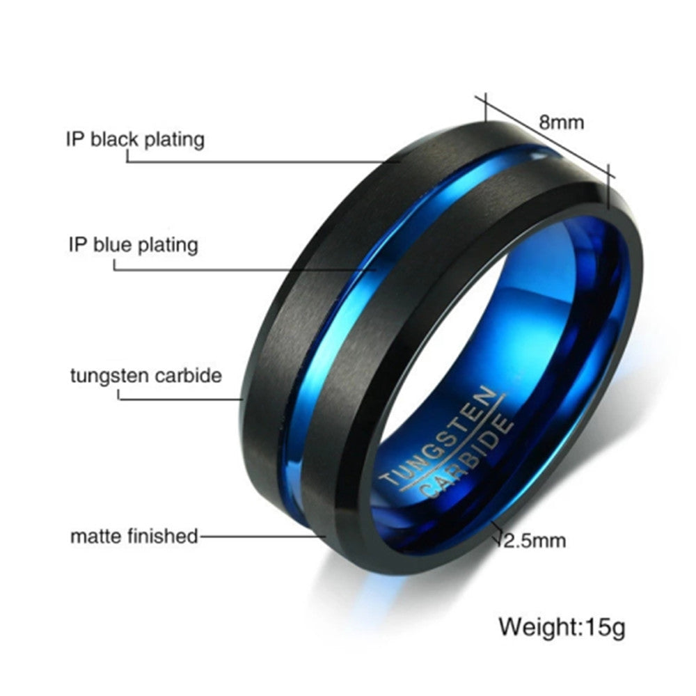 Elegant Two Color Tungsten Steel Ring Simple Slotted Electric Black Pull Sand Surface Blue Tungsten Gold Men's Ring