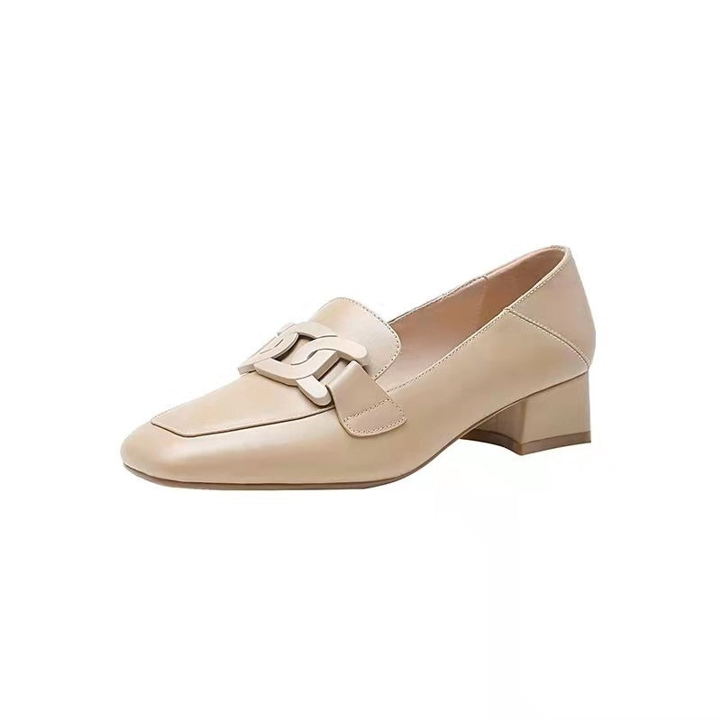 Casual loafers women's slip-on British style metal buckle square head small leather shoes mid-heel