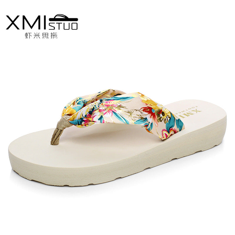 Summer New Beach Slippers Women's Outer Wear Flip-flops Mid-heel Non-slip Bohemian Sandals
