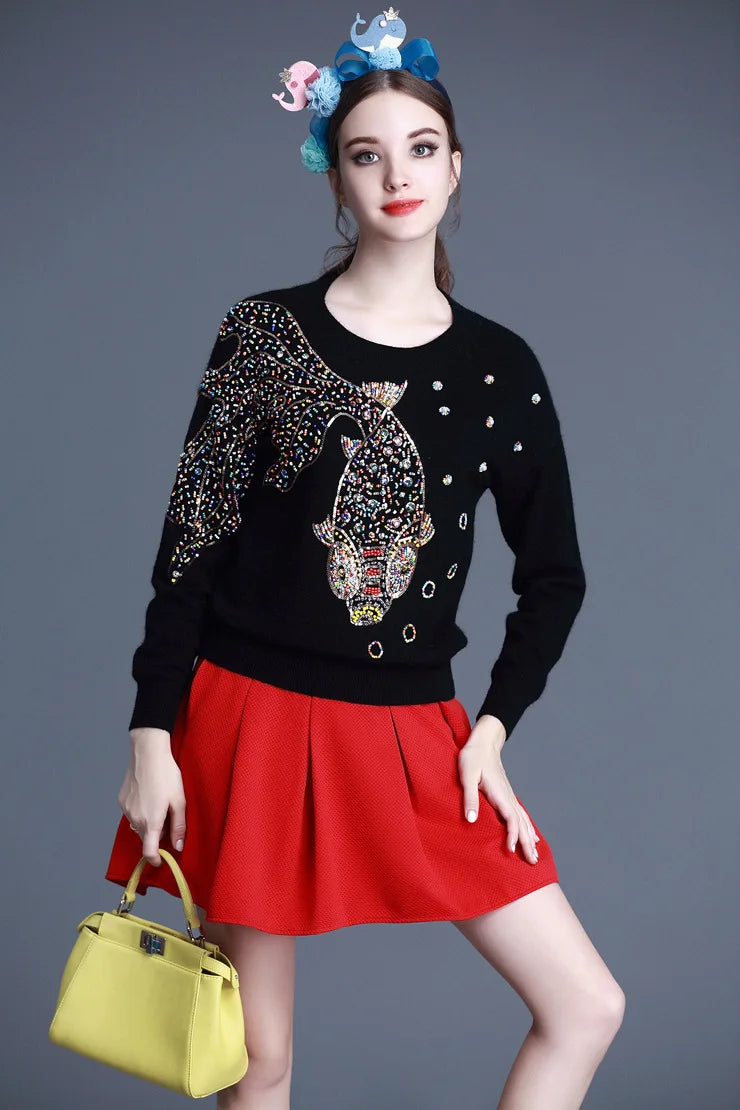 Autumn Female Brand Designer Fashionable High Street New Pullovers Round Neck Cable Knit Goldfish Bead Sweater