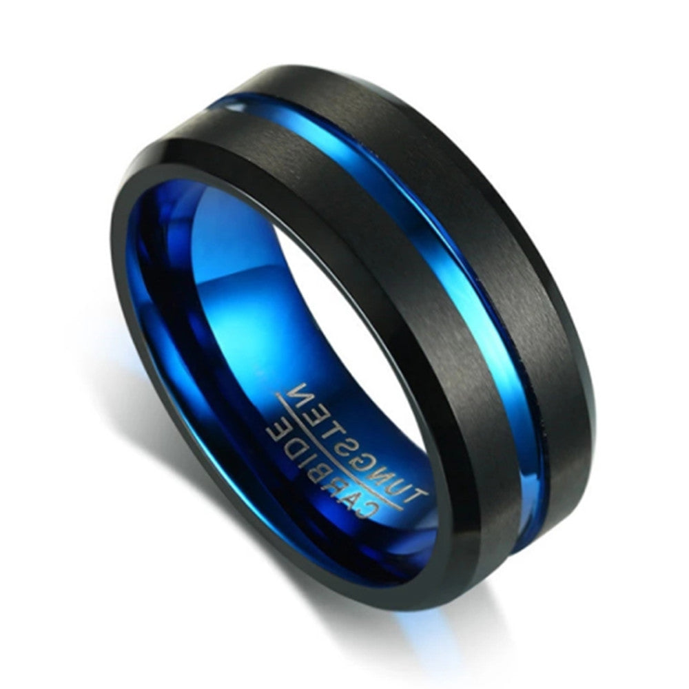 Elegant Two Color Tungsten Steel Ring Simple Slotted Electric Black Pull Sand Surface Blue Tungsten Gold Men's Ring