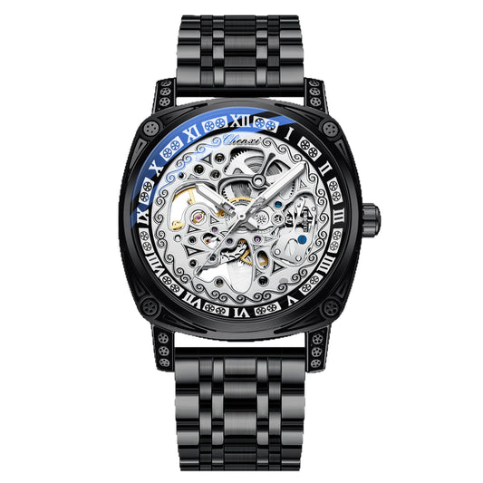 Vintage Engraved Mechanical Watch Men's Leather Waterproof Hollow-Out Fashion Style Men's Watch
