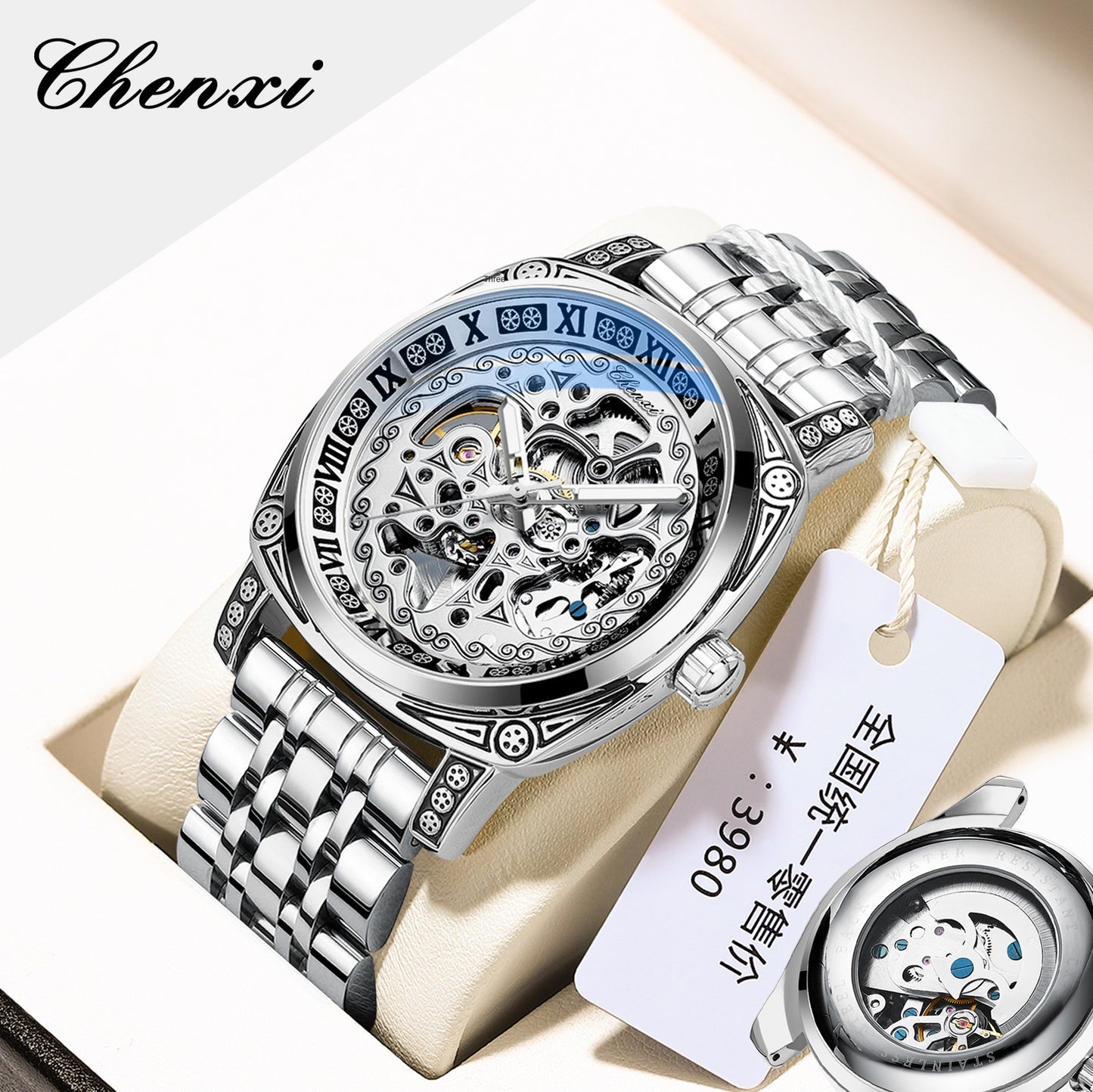 Vintage Engraved Mechanical Watch Men's Leather Waterproof Hollow-Out Fashion Style Men's Watch