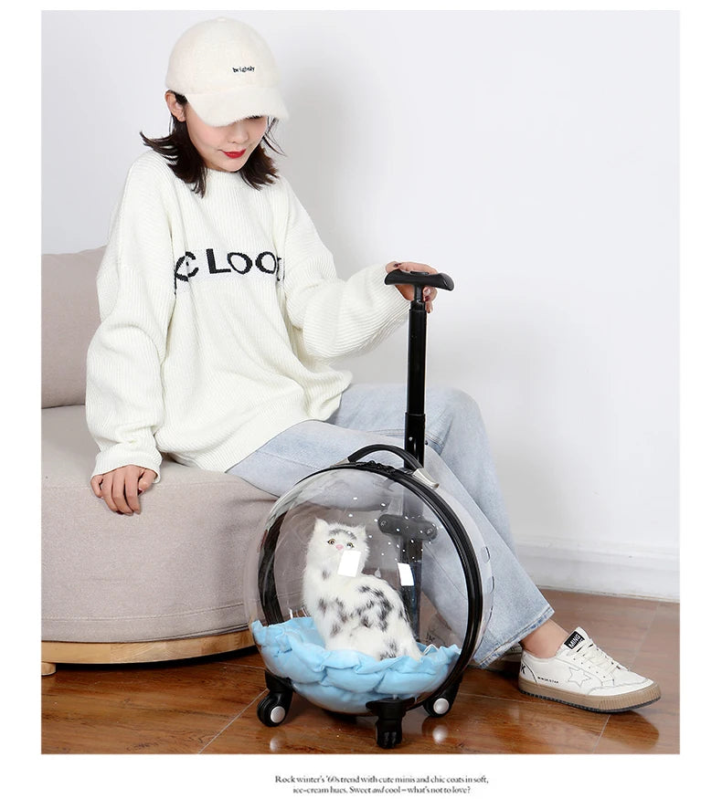 Rolling Pet Travel Trolley with Wheel, Transparent Capsule, Pink, Green, Puppies, Dogs, Cat Carriers Bag, 5-20Kg