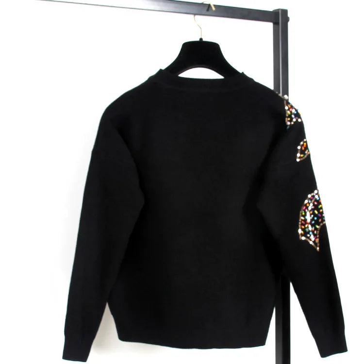 Autumn Female Brand Designer Fashionable High Street New Pullovers Round Neck Cable Knit Goldfish Bead Sweater