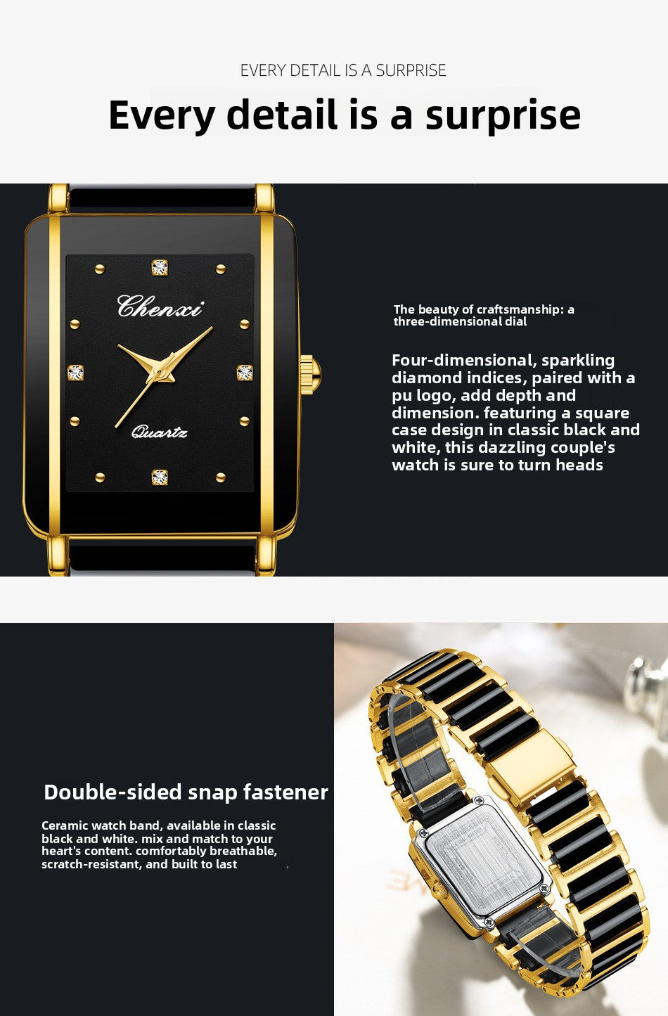 CHENXI Square Couple Watch with Ceramic Strap