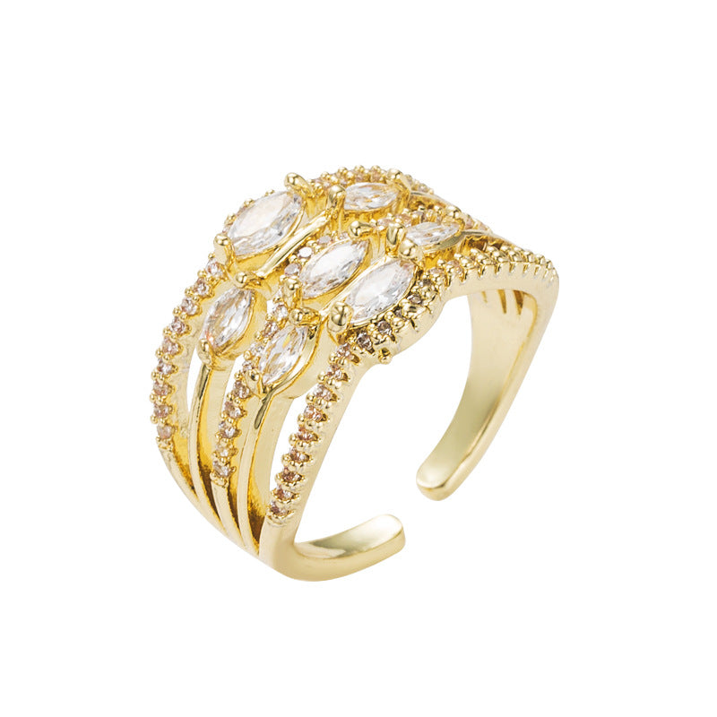 Ins New Copper Gold-Plated Micro-Set Zircon Adjustable Opening Creative Personality Hip-Hop Ring For Men And Women