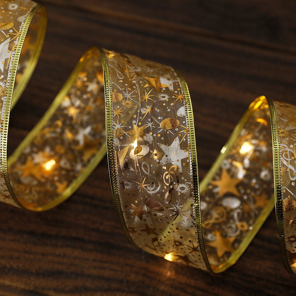 Christmas Ribbon LED String Lights Christmas Tree Decorative Lights Gift Box Decorative Ribbon Flashing Strings Satin Copper Wire Lights
