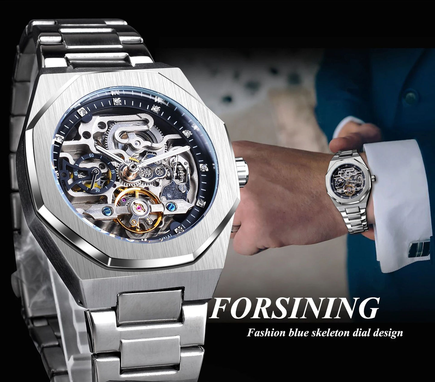 Men's fashionable skeletonized mechanical watch