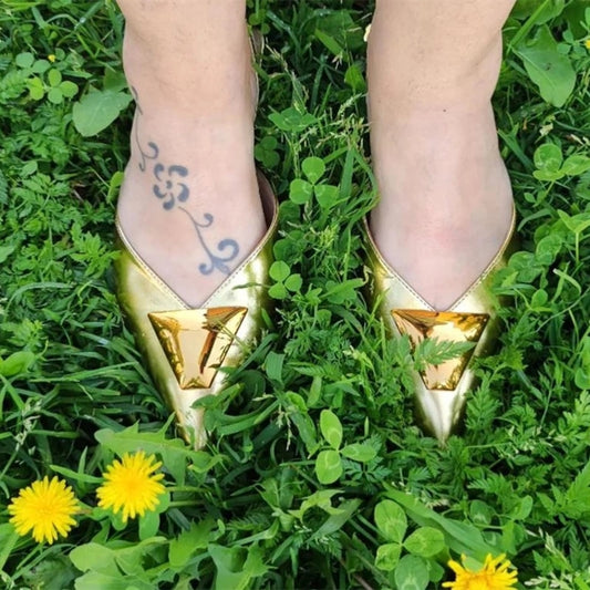 New Woman Gold Bling Flat Shoes Vintage Black Back Elastic Straps Single Shoes Fashion Slingbacks Female Single Shoes