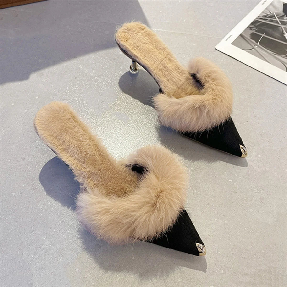 Women High Heel Shoes  Fur Slippers Mules Pointed Toe Furry Slides Fashion Elegant Luxury Designer Flip Flops Office Pumps