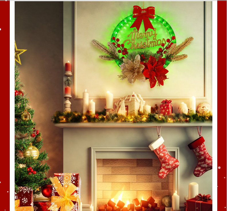 Christmas wreath lights, simulated red fruits, pine needles, decorative ornaments, window display items, ornaments