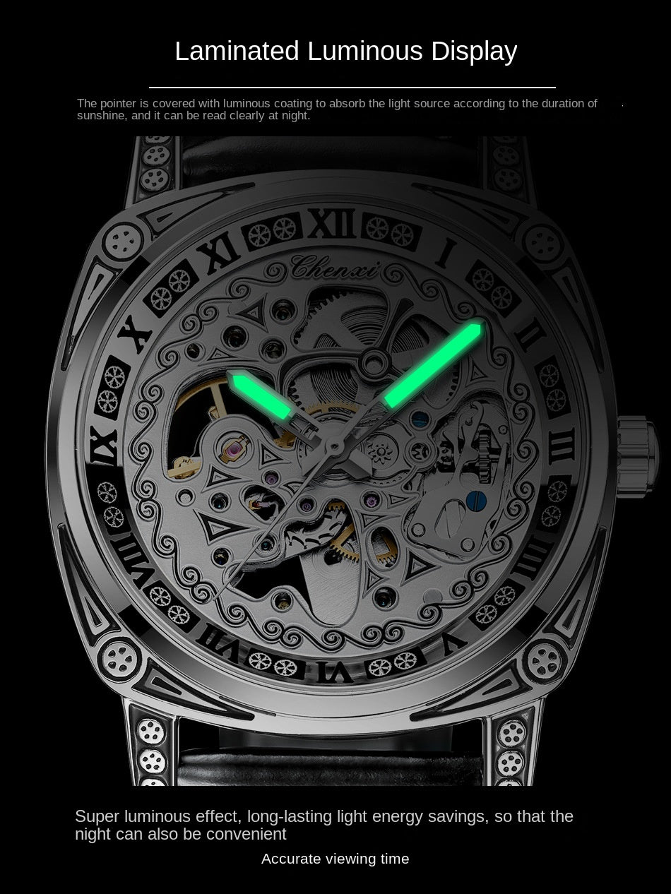 Vintage Engraved Mechanical Watch Men's Leather Waterproof Hollow-Out Fashion Style Men's Watch
