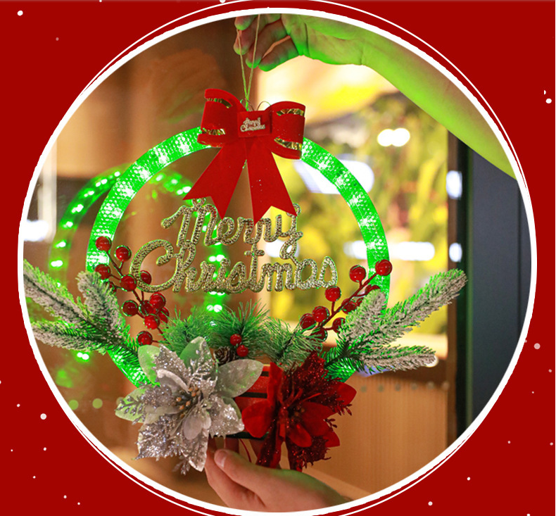 Christmas wreath lights, simulated red fruits, pine needles, decorative ornaments, window display items, ornaments