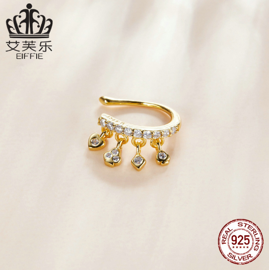 Original Ear Clip Single Sterling Silver S925 Earrings Playing Card Elements Inlaid Zircon Plated Real Gold Earrings