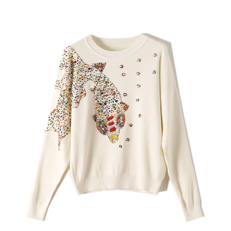 Autumn Female Brand Designer Fashionable High Street New Pullovers Round Neck Cable Knit Goldfish Bead Sweater