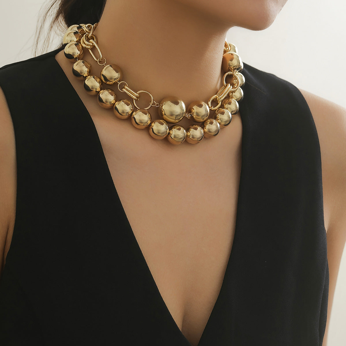 Creative punk style round bead double layered necklace necklaces with exaggerated metal chains