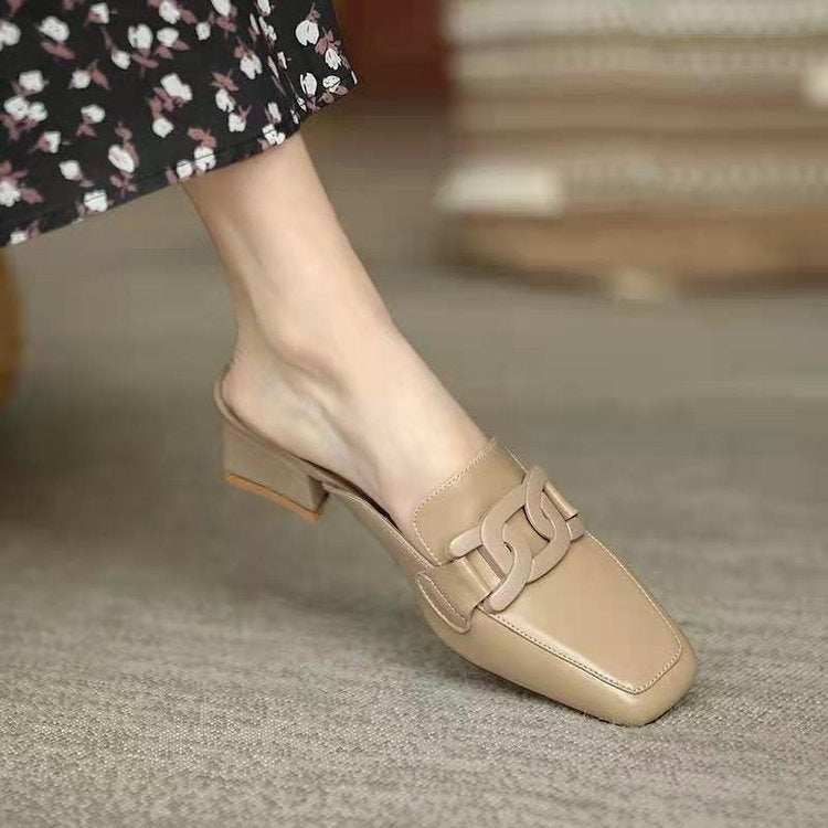 Casual loafers women's slip-on British style metal buckle square head small leather shoes mid-heel