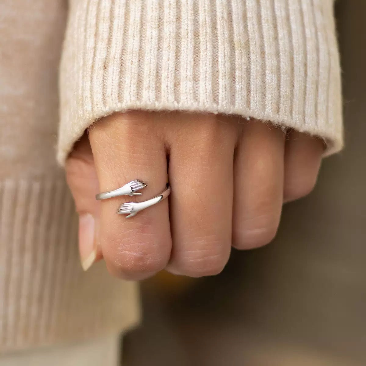Adjustable S925 Sterling Silver Embracing Hands Ring for Women