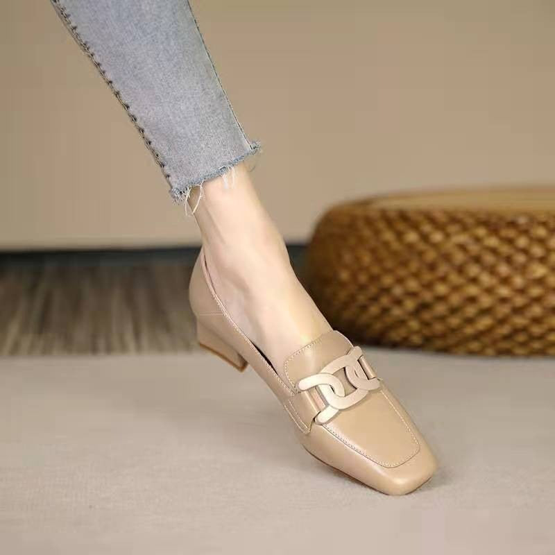 Casual loafers women's slip-on British style metal buckle square head small leather shoes mid-heel