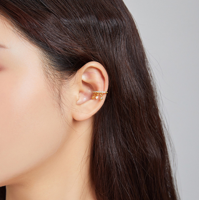 Original Ear Clip Single Sterling Silver S925 Earrings Playing Card Elements Inlaid Zircon Plated Real Gold Earrings