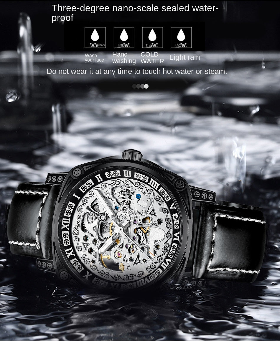 Vintage Engraved Mechanical Watch Men's Leather Waterproof Hollow-Out Fashion Style Men's Watch