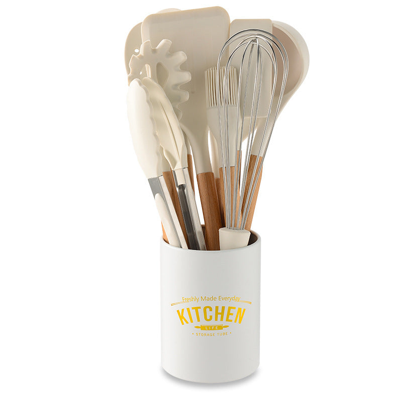 Milky White Silicone Kitchen Set Non-Stick Silicone Kitchen Utensils Cooking Spatula 10-Piece Set With Storage Bucket