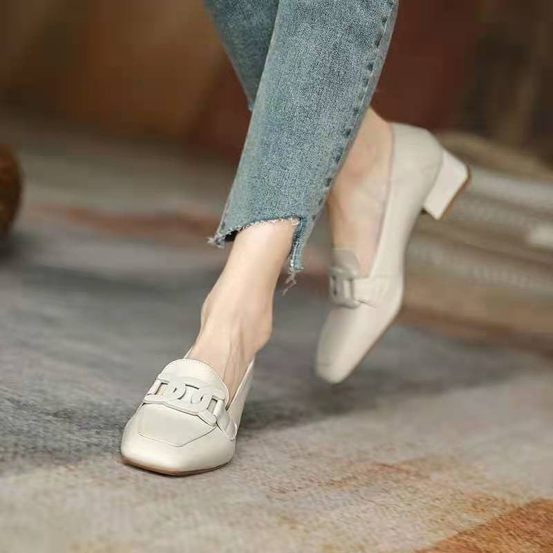 Casual loafers women's slip-on British style metal buckle square head small leather shoes mid-heel
