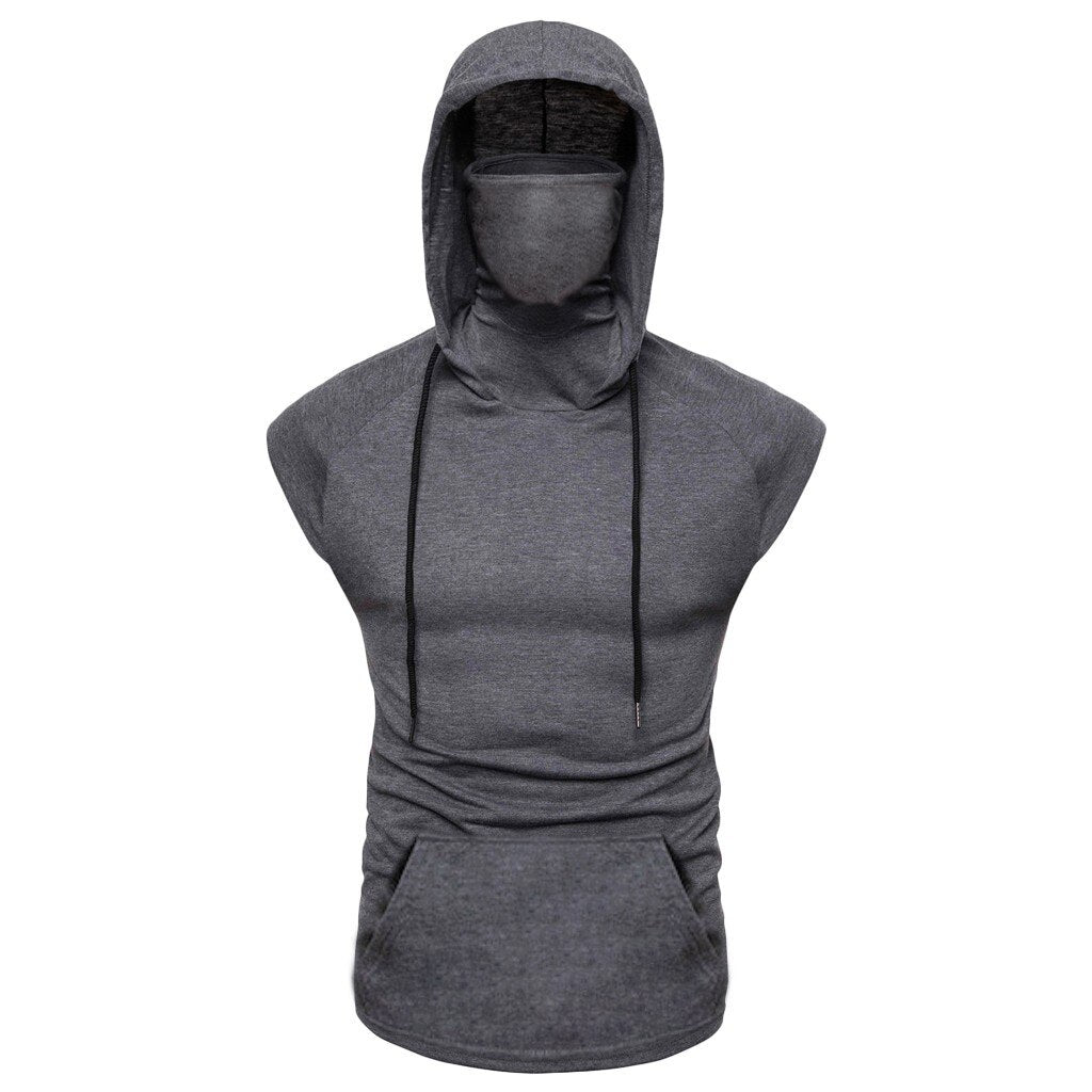 Mens Mask Button Sports Vest Hooded Splice Large Open-Forked Male Vest