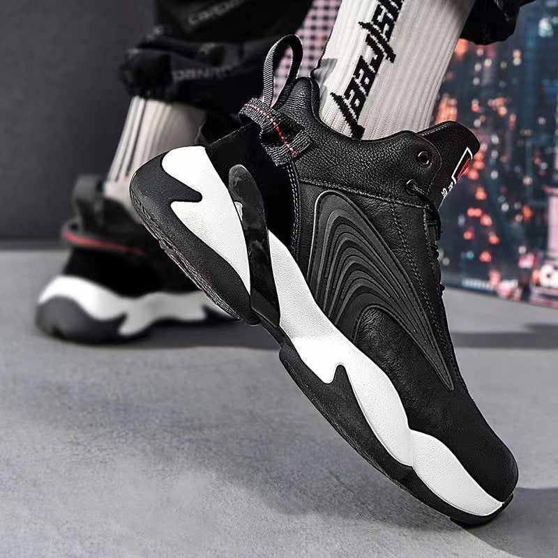Black and white sneakers with a cityscape background
