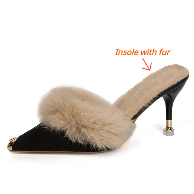 Women High Heel Shoes  Fur Slippers Mules Pointed Toe Furry Slides Fashion Elegant Luxury Designer Flip Flops Office Pumps