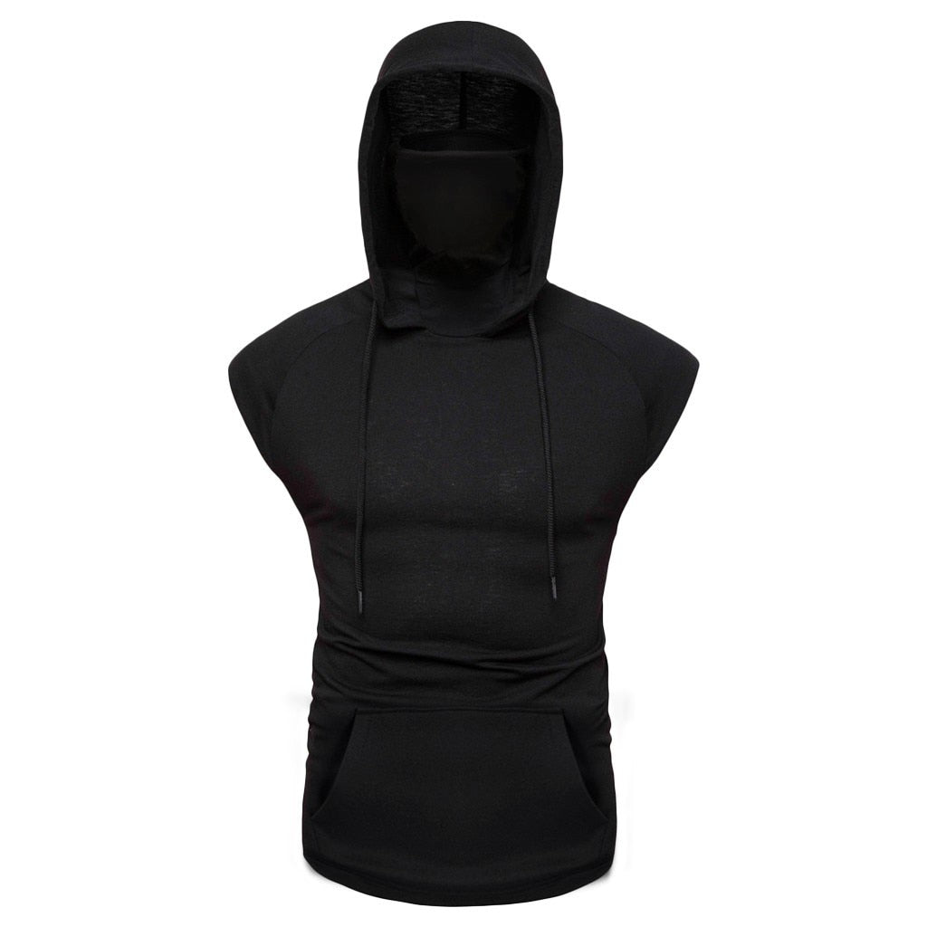 Mens Mask Button Sports Vest Hooded Splice Large Open-Forked Male Vest