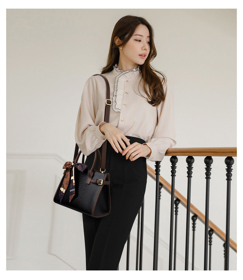 Commuting style women's bag genuine leather embossed snakeskin pattern contrasting color briefcase for women
