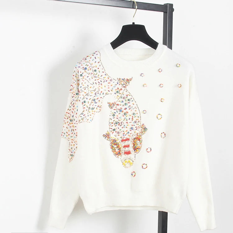 Autumn Female Brand Designer Fashionable High Street New Pullovers Round Neck Cable Knit Goldfish Bead Sweater