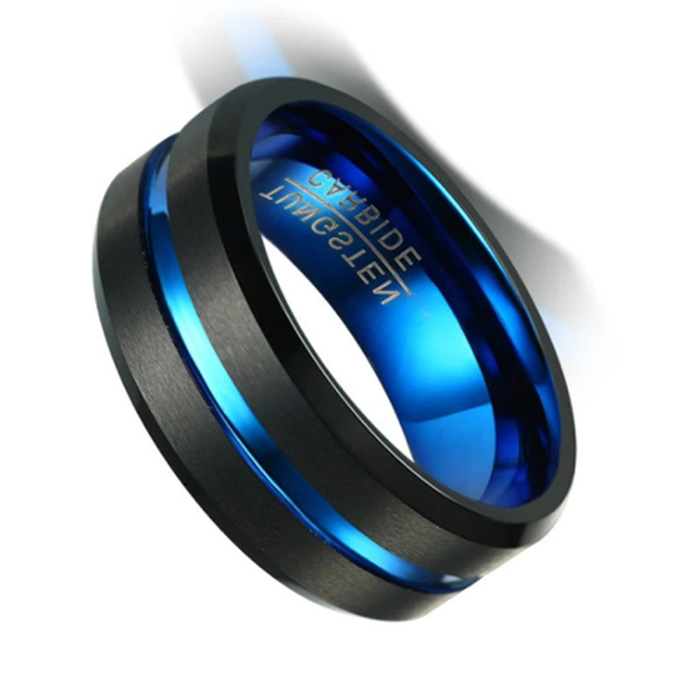 Elegant Two Color Tungsten Steel Ring Simple Slotted Electric Black Pull Sand Surface Blue Tungsten Gold Men's Ring