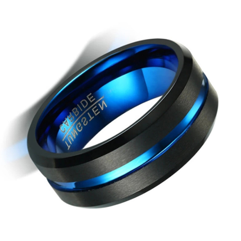 Elegant Two Color Tungsten Steel Ring Simple Slotted Electric Black Pull Sand Surface Blue Tungsten Gold Men's Ring