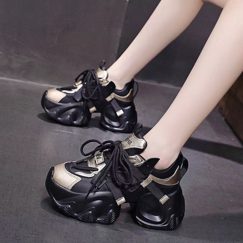 Women's Black Gold Contrast Casual Sneakers with Thick Sole