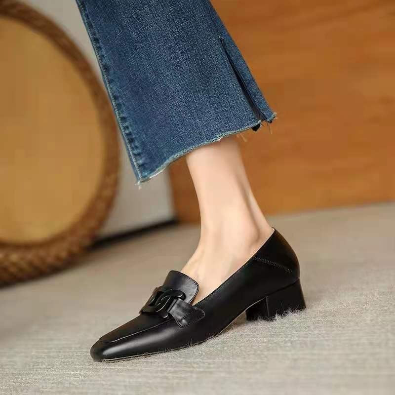 Casual loafers women's slip-on British style metal buckle square head small leather shoes mid-heel