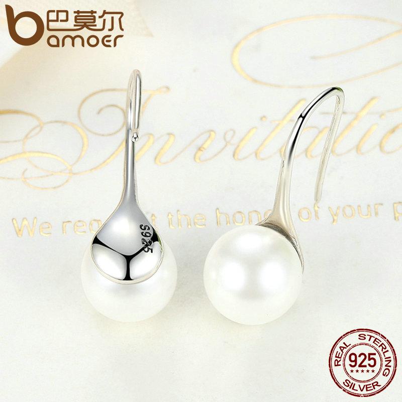 BAMOER 925 Sterling Silver Elegant Round Pure Love Pearl Drop Earrings SCE037