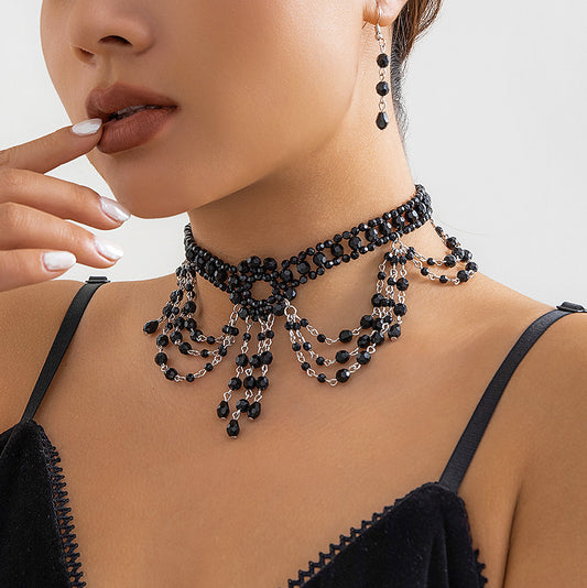 Gothic style beaded woven crystal choker set, female personality, dark tassel collar accessory