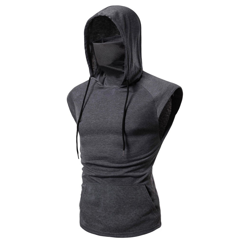 Mens Mask Button Sports Vest Hooded Splice Large Open-Forked Male Vest