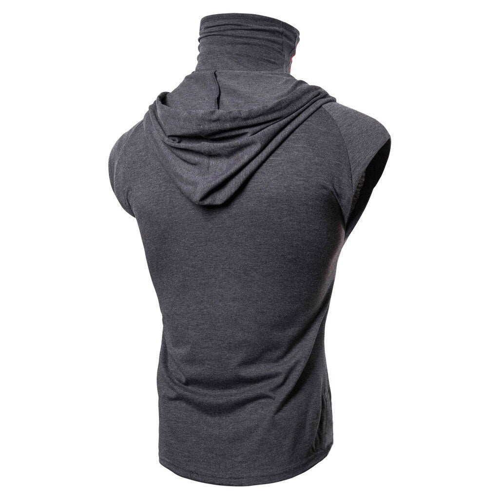 Mens Mask Button Sports Vest Hooded Splice Large Open-Forked Male Vest