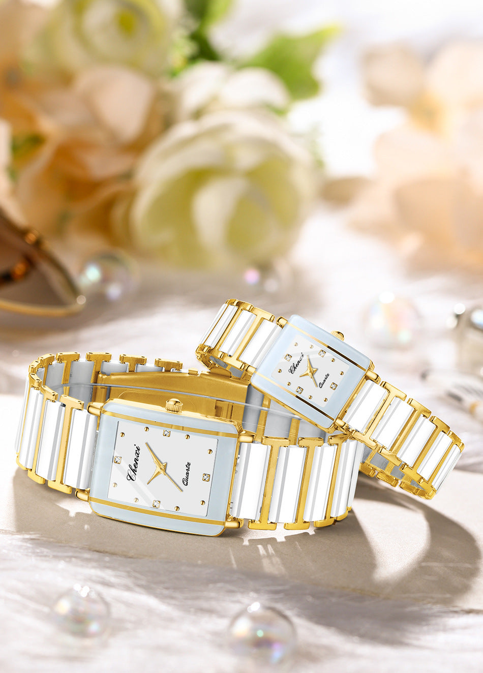 CHENXI Square Couple Watch with Ceramic Strap