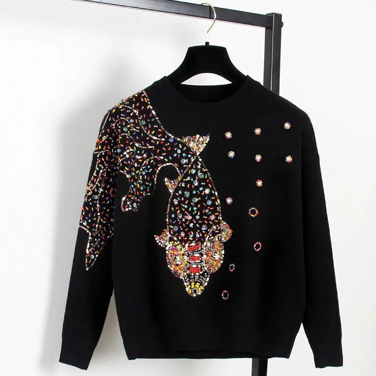 Autumn Female Brand Designer Fashionable High Street New Pullovers Round Neck Cable Knit Goldfish Bead Sweater