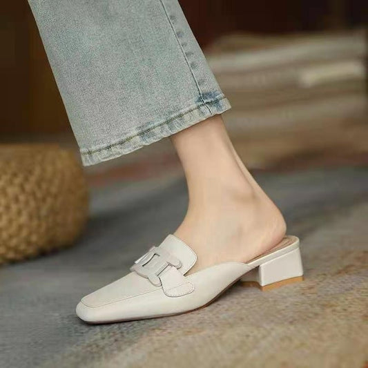 Casual loafers women's slip-on British style metal buckle square head small leather shoes mid-heel